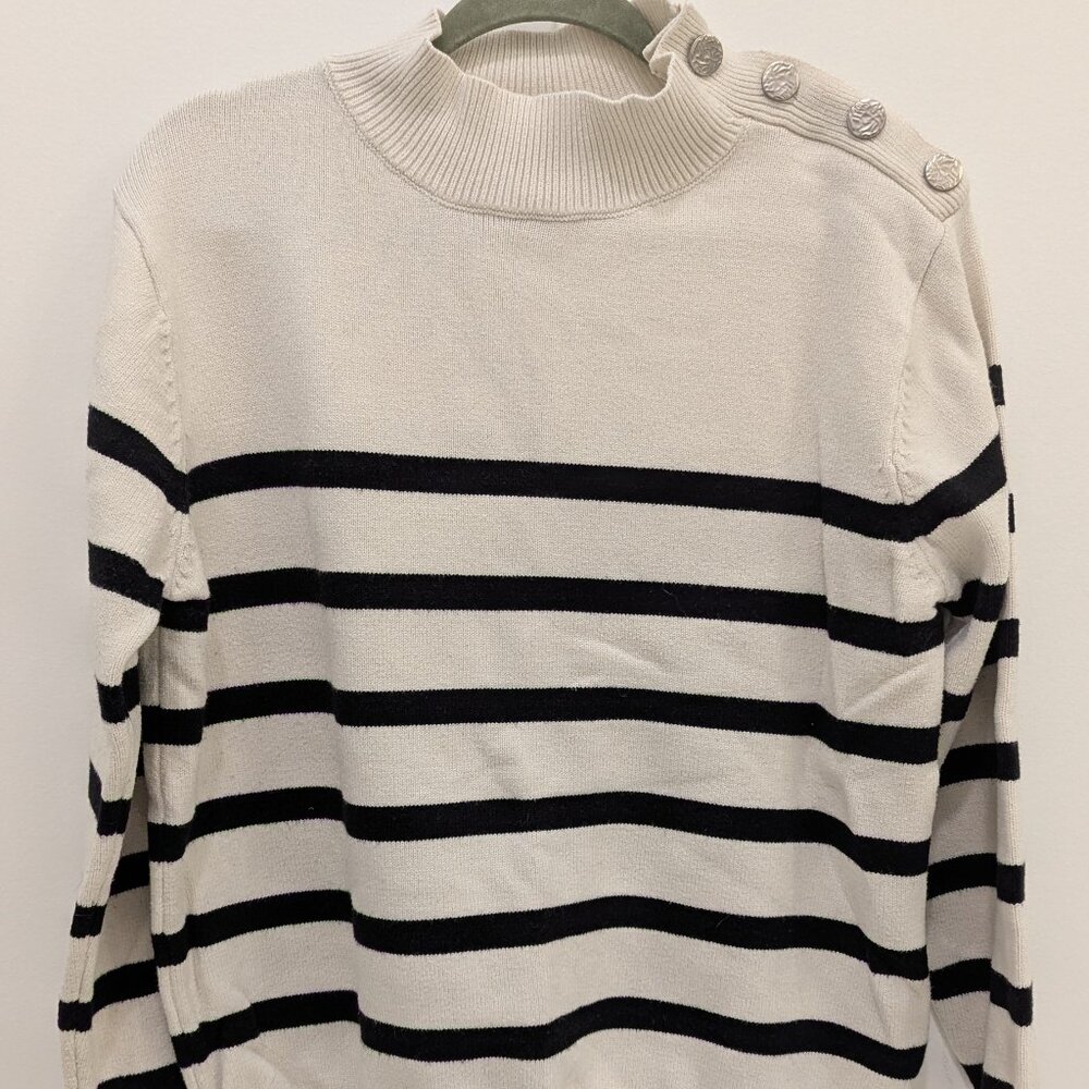 Kirundo White with Black Striped Mock Neck Sweater